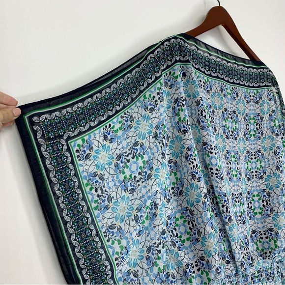 Max Studio Blue Green Geometric Print Slit Side Draped Sleeveless Stretch Blouse - Picture 8 of 16